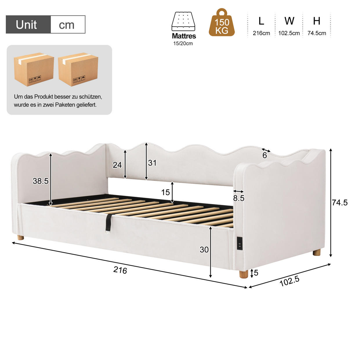 KINDERBETT 90/200 cm mit hydraulischem Stauraum, USB- und Type-C-Anschluss, Samtbezug, Beige - Beige, Textil (90/200cm) - Redom