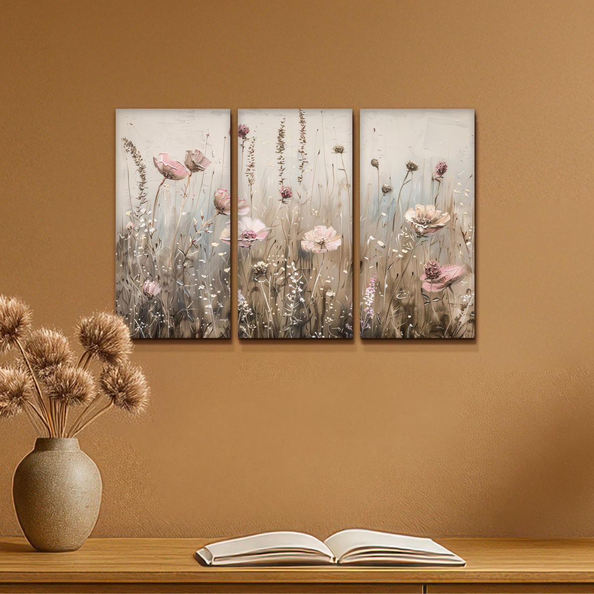 LEINWANDBILD 3er Set Blumen - Beige - Modern - Rosa 60x40 cm - Ecru, Textil (60/40cm) - MuchoWow