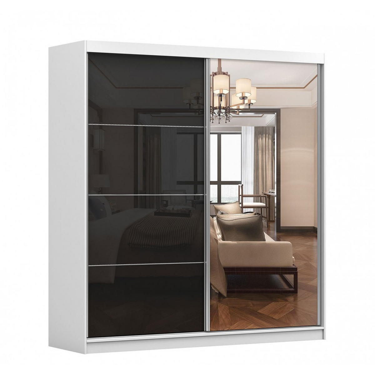 SCHWEBETÜRENSCHRANK Multi 31 Weiß/Schwarz mit Spiegel, ohne LED Beleuchtung 203 cm - Schwarz/Alufarben, Glas/Holzwerkstoff (203/218/61cm) - imoebel24