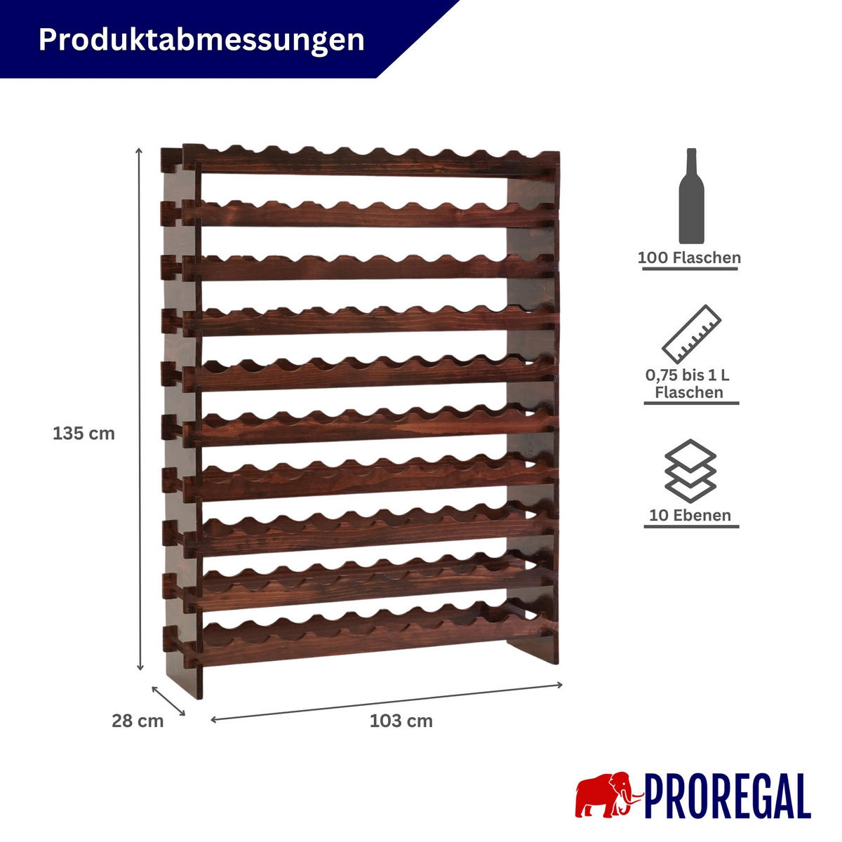 WEINREGAL NAVARRA aus Holz 135x103x28cm 100 Flaschen auf 10 Ebenen Braun geölt - Braun, Holz (103/135/28cm) - PROREGAL
