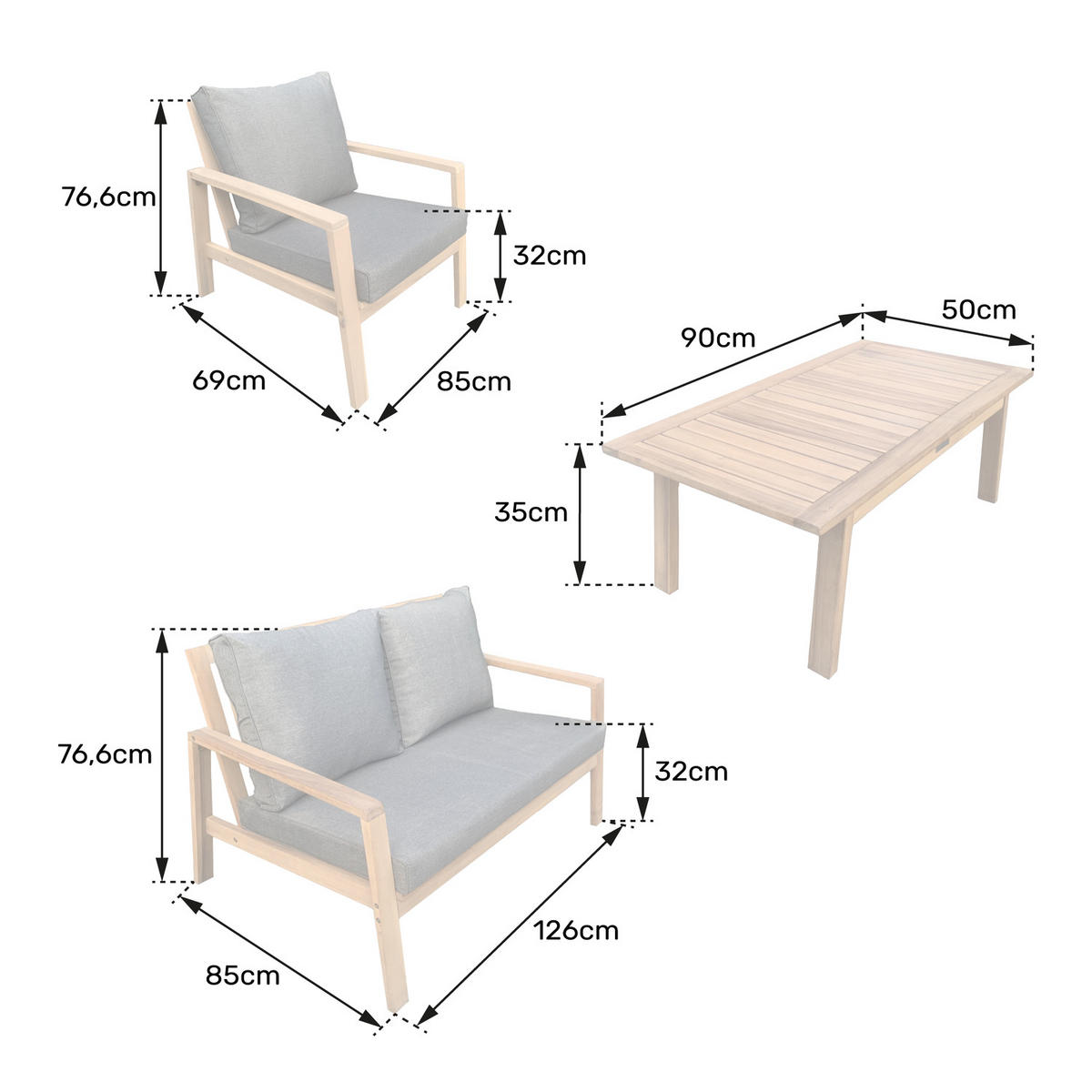 GARTENMÖBEL Gili Grau 4er-Set - Grau, Holz - Happy Garden