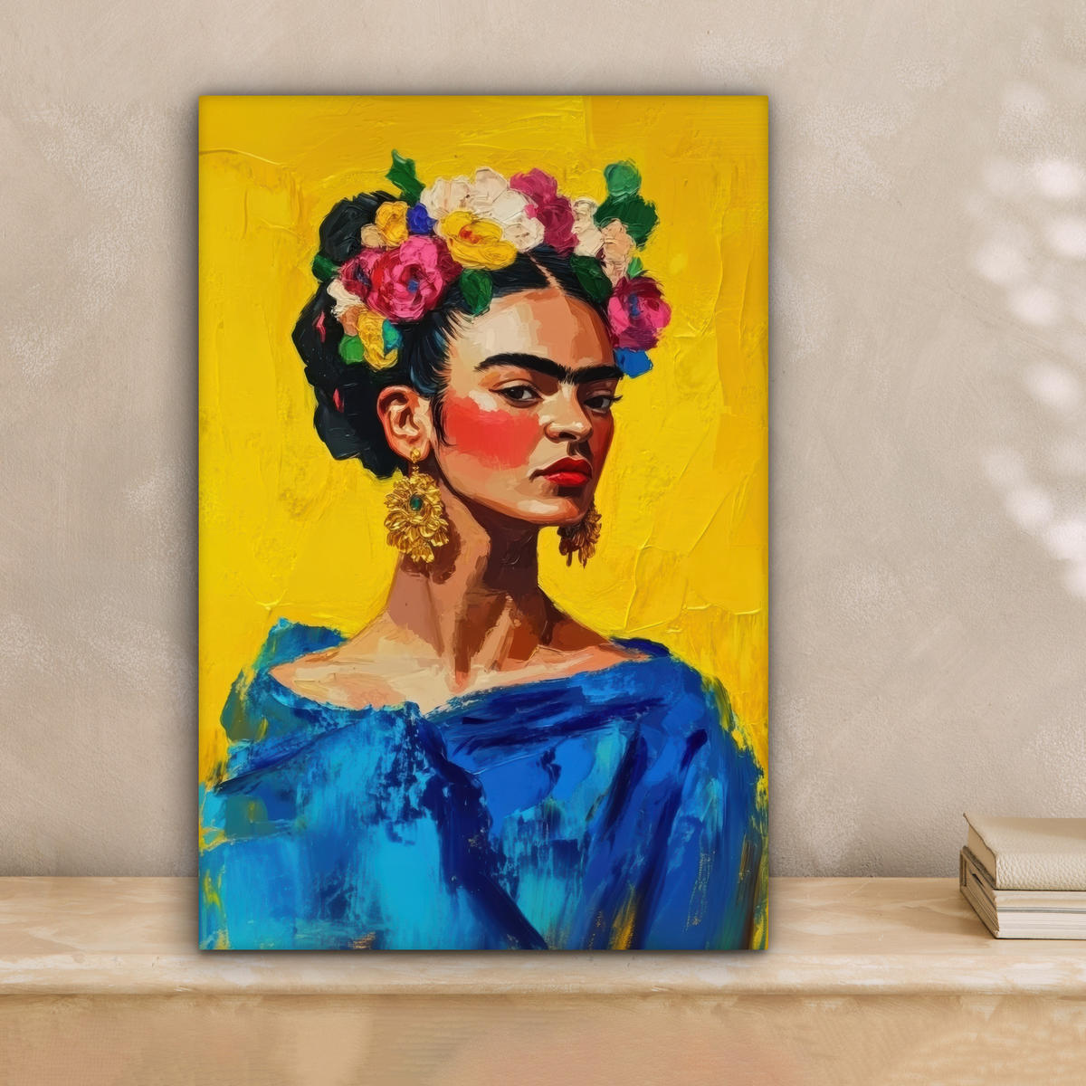 LEINWANDBILD Frida Kahlo - Frau - Gelb - Blau - Blumen 20x30 cm - Gelb, Textil (20/30cm) - MuchoWow