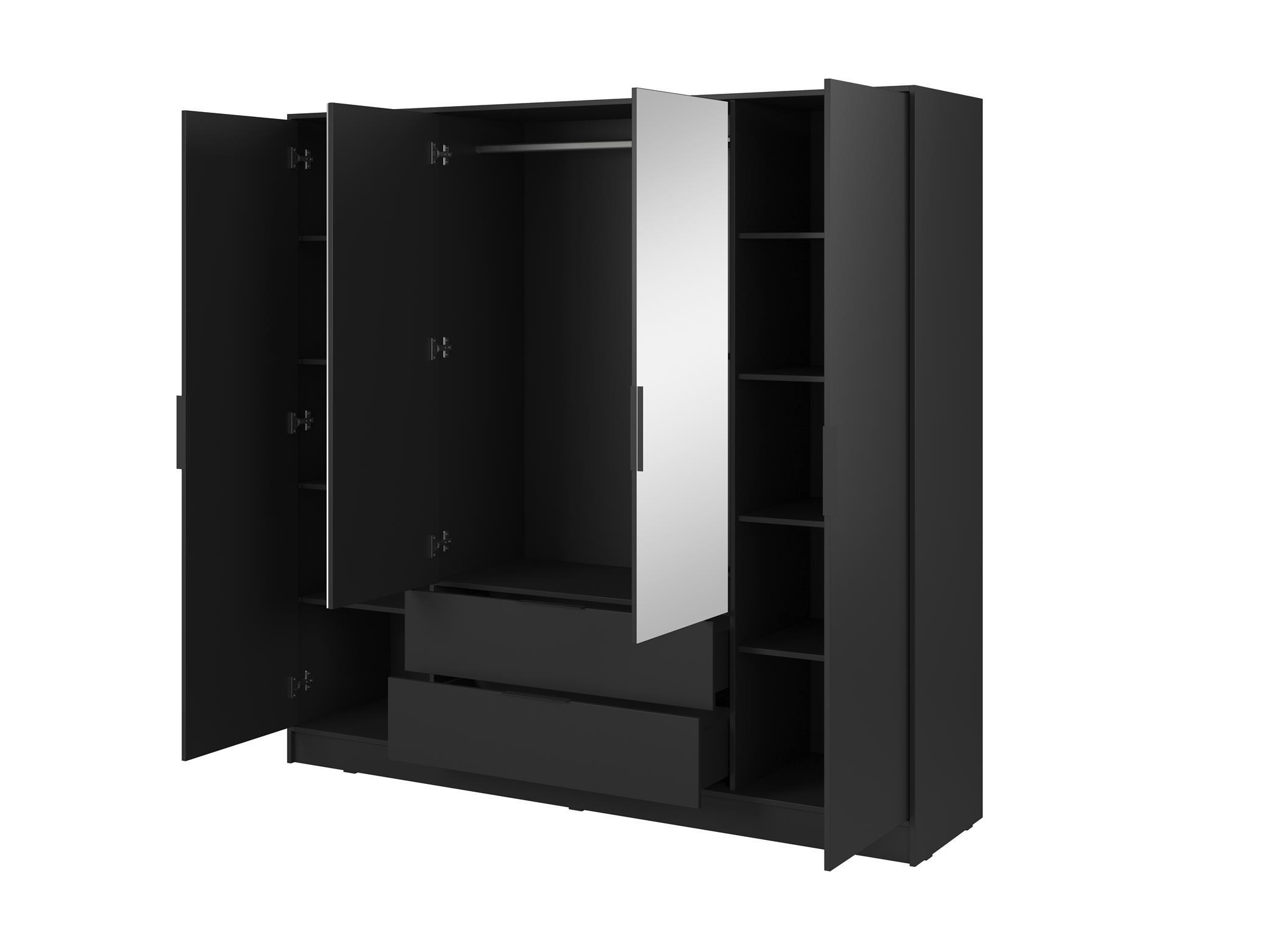 KLEIDERSCHRANK Lyke, Schwarz, Schrank mit Spiegel - Schwarz, Holzwerkstoff (206/200/51cm) - Bettso