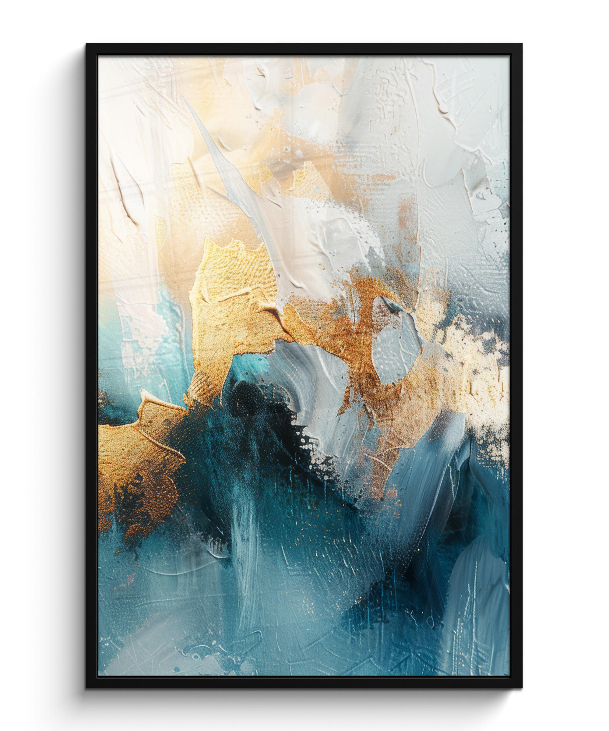 GERAHMTES BILD Abstrakt - Kunst - Gold - Blau 80x120 cm - Petrol, Papier (80/120cm) - MuchoWow