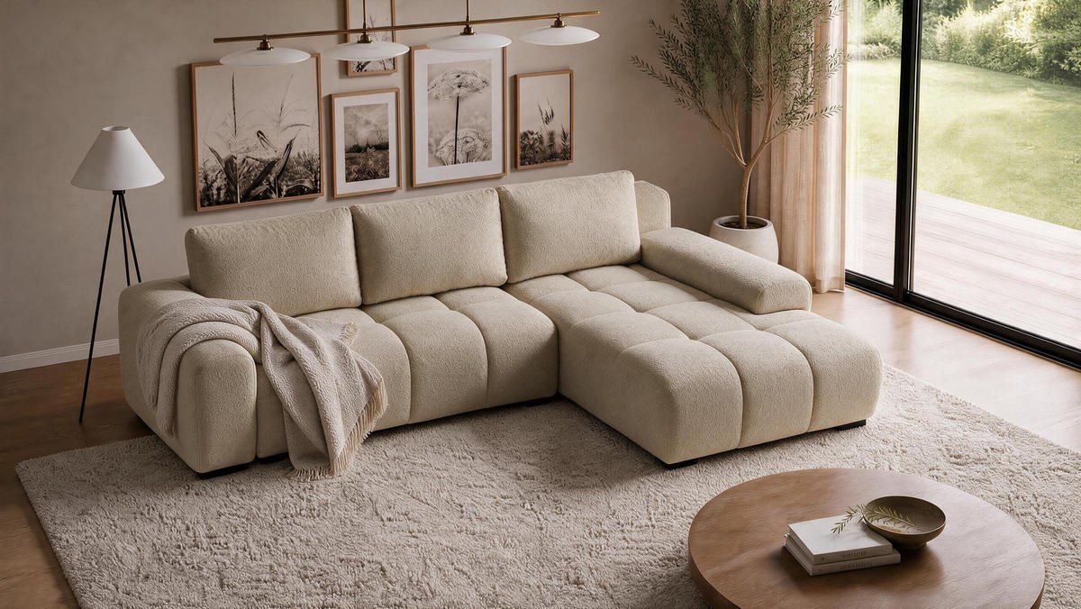 ECKSOFA Ovia mit Bettkasten und Schlaffunktion, Bouclé-Stoff in L-Form - Cappuccino, Textil (270/185cm)