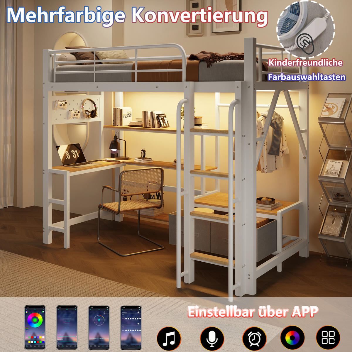 HOCHBETT 90x200cm, Eisen, Lochwand, Regale, Schubladen, Schreibtisch, USB, LED, Geländer, ohne Matratze, Weiß - Weiß, Holzwerkstoff (90/200cm)