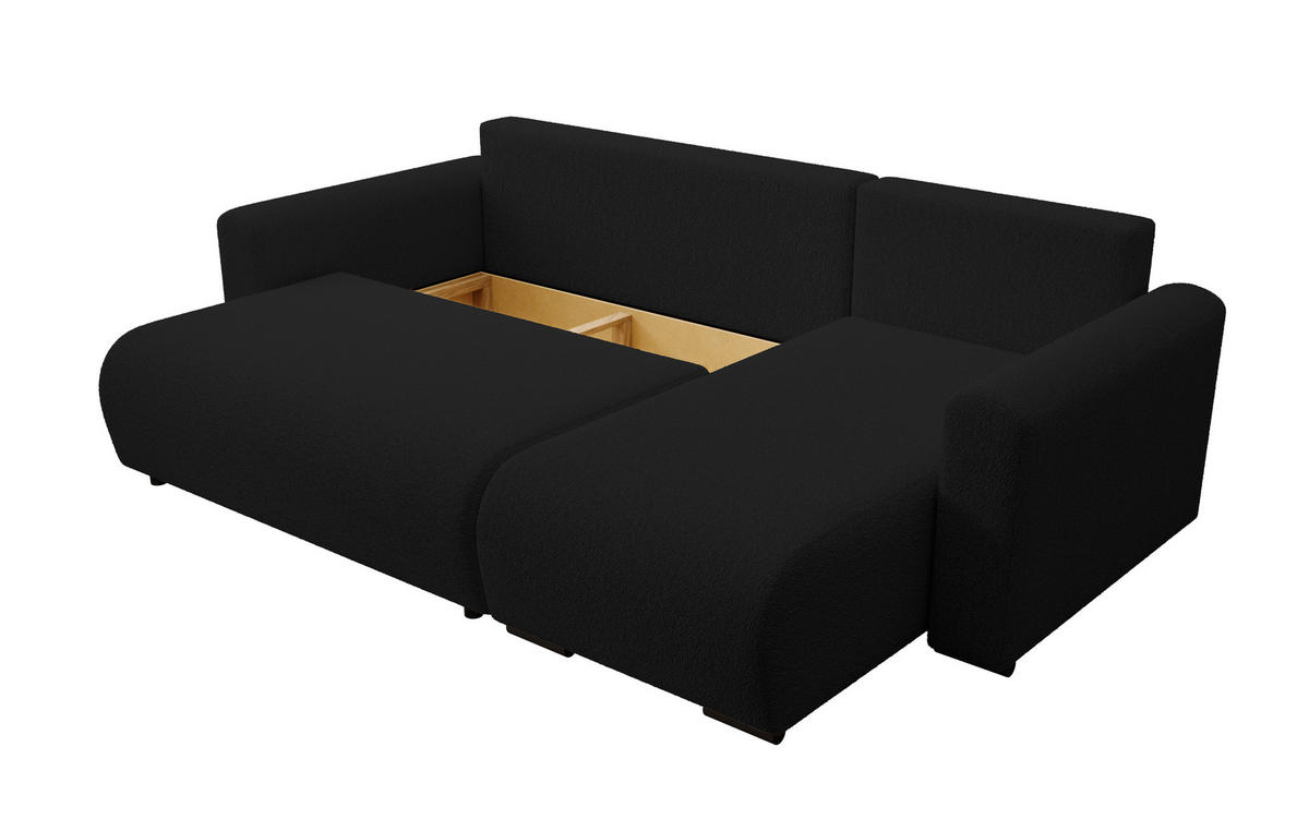 ECKSOFA DORA L, Eckcouch in L-Form mit Schlaffunktion und Bettkasten, Farbe: Schwarz, Bouclé-Stoff, Ottomane Rechts - Schwarz, Textil (240/143cm) - Storez24