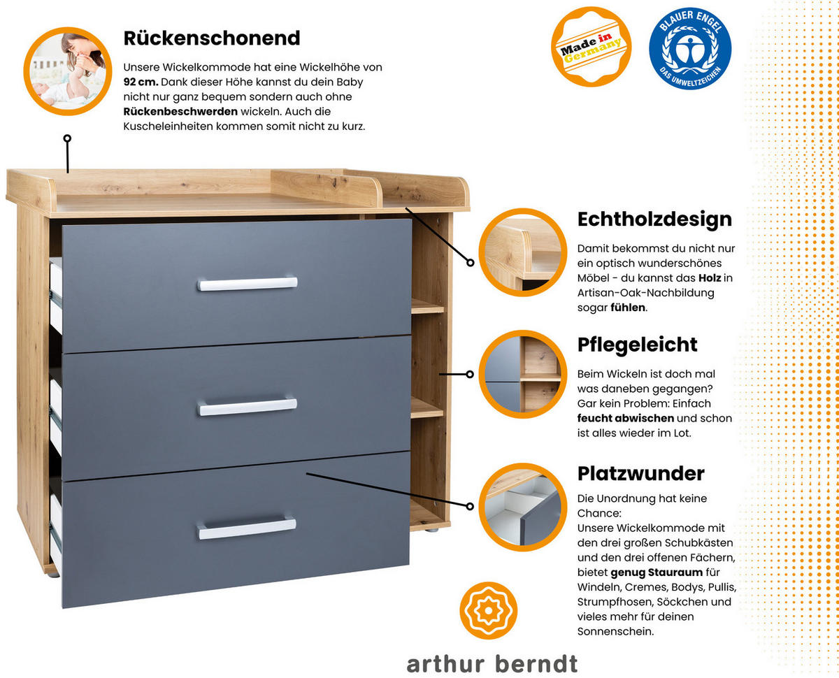 WICKELKOMMODE Alessio 115/100/75 cm Anthrazit Artisan Oak - Anthrazit/Silberfarben, Holzwerkstoff/Kunststoff (115/100/75cm) - arthur berndt