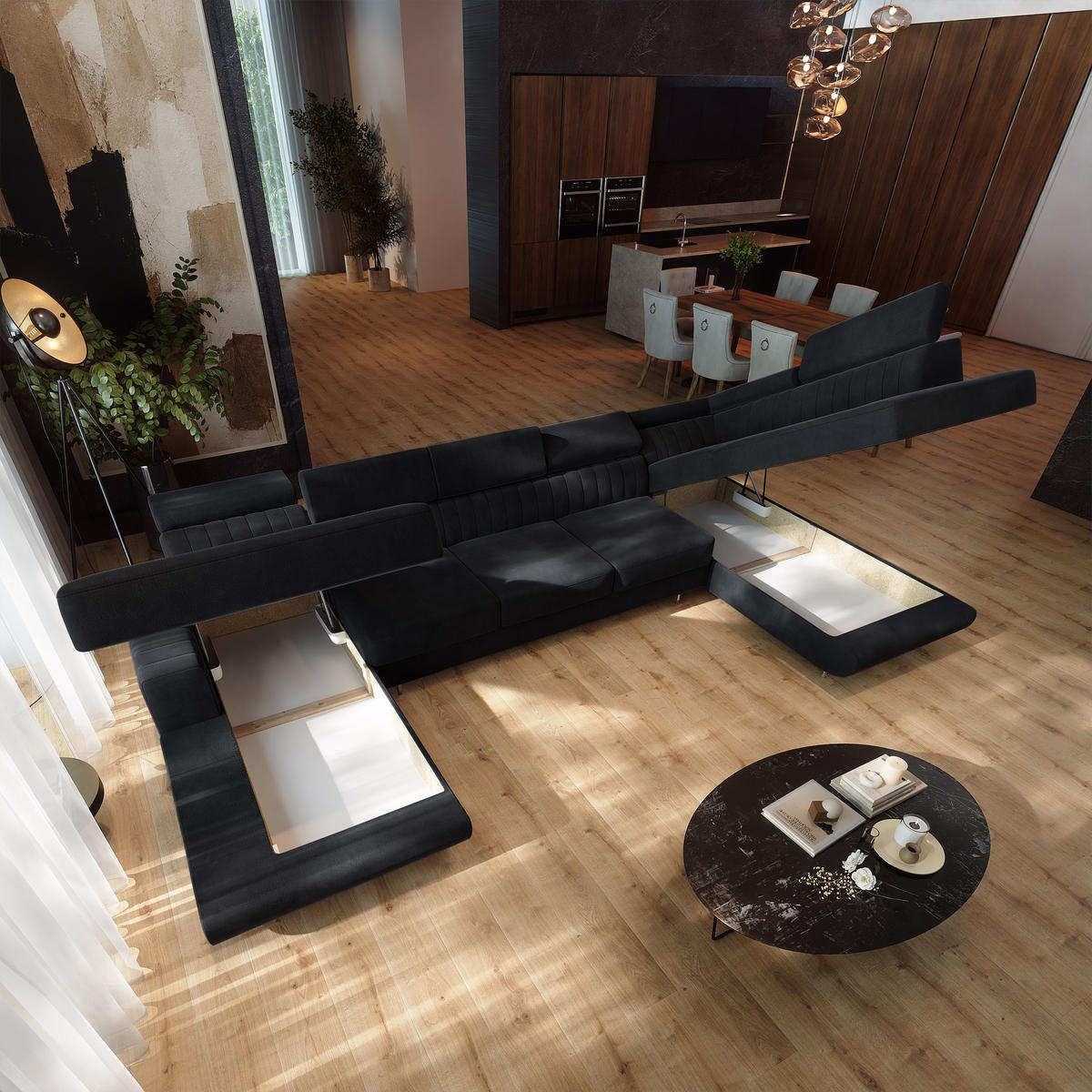 WOHNLANDSCHAFT GAIAN Schwarz Velours-Stoff mit Schlaffunktion - Schwarz, Holz (412/88/190cm) - MASSENO