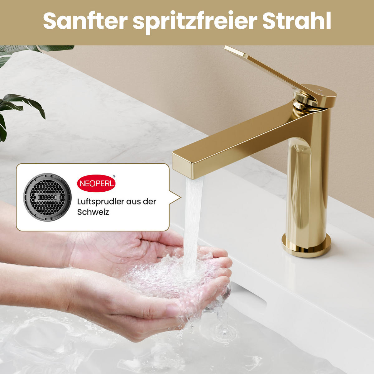 WASCHTISCHARMATUR mit Spulen-Zertifiziertem Filterelement Champagnergold - Goldfarben, Metall (17.3/4.6/19.5cm) - EMKE