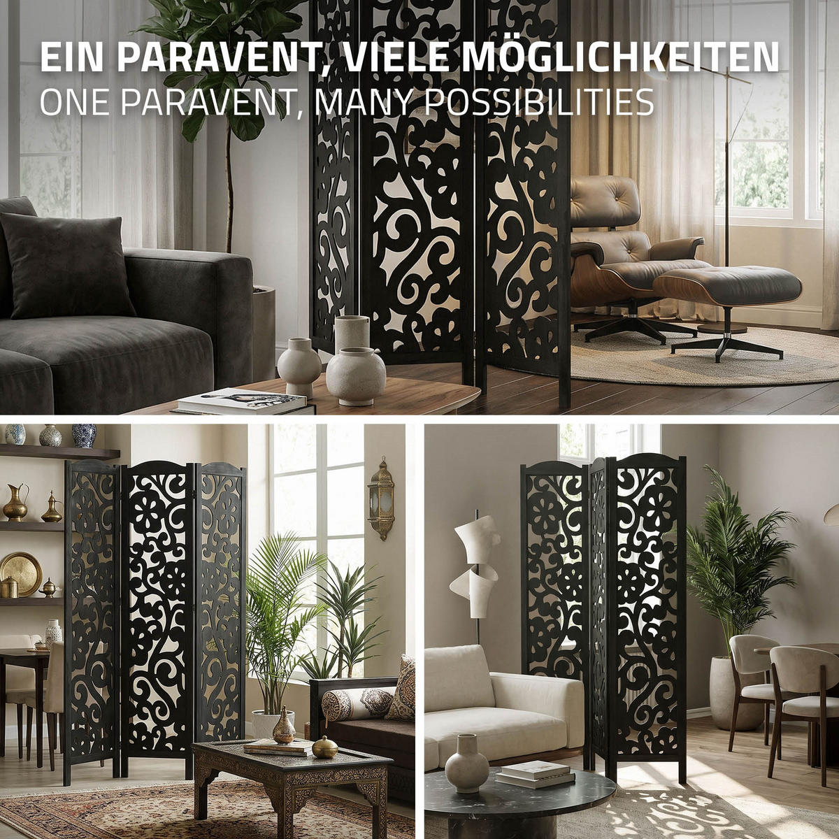 PARAVENT 3dílný Yokohama 172 x 121 cm, černý, ze dřeva - černá, dřevo (121/172/2cm) - ML-DESIGN
