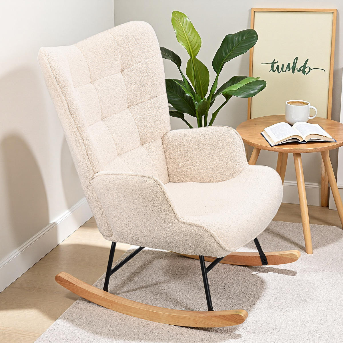 SCHAUKELSTUHL beige teddy gesteppt design - Beige, Holzwerkstoff (75/92/53.5cm) - SHOPENTRA
