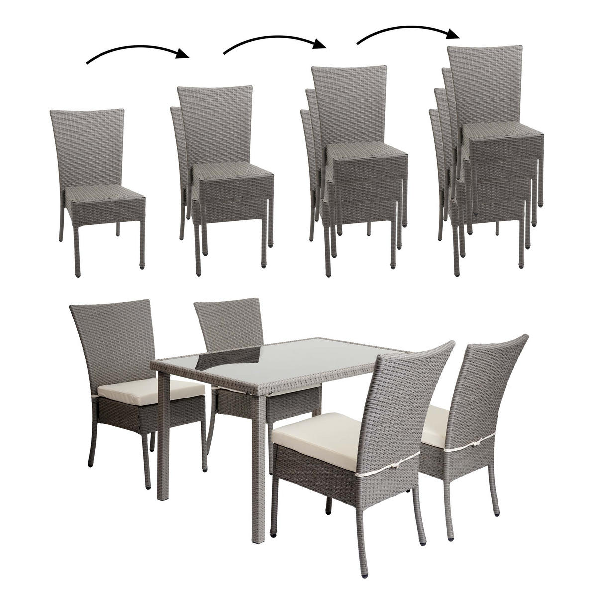 POLY-RATTAN GARNITUR Grau, Cremeweiß 5-teilig-Set - Weiß/Grau, Kunststoff - MCW