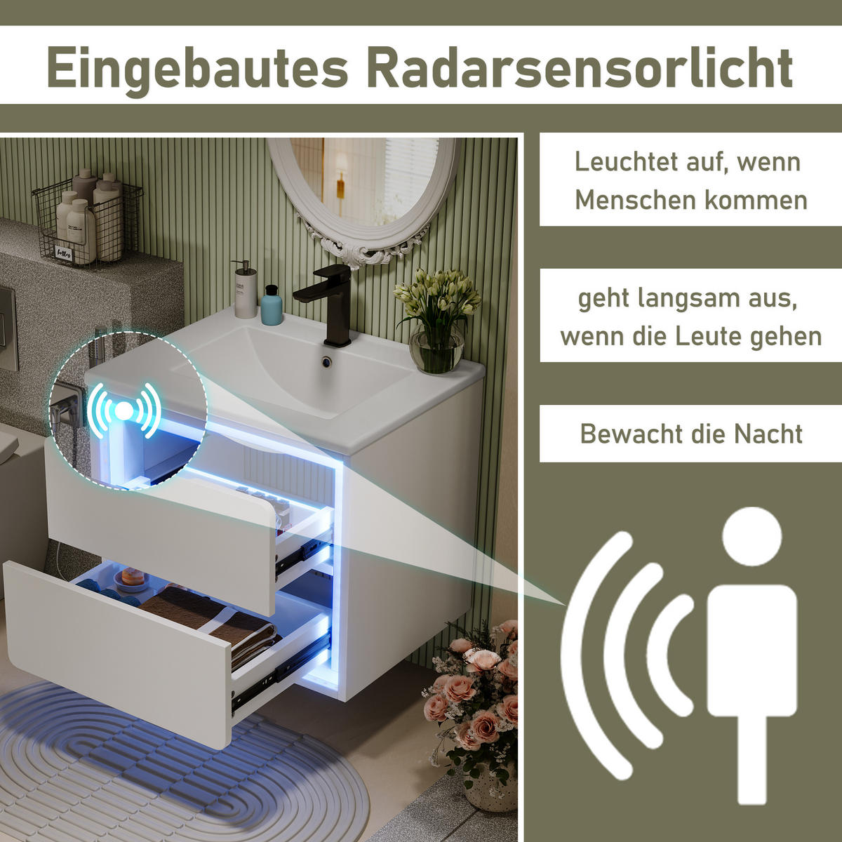 WASCHTISCHKOMBI Weiß hängend mit LED-Radarsensor & Keramikbecken - Weiß, Keramik/Holzwerkstoff (60/50/46cm) - Urban Meuble