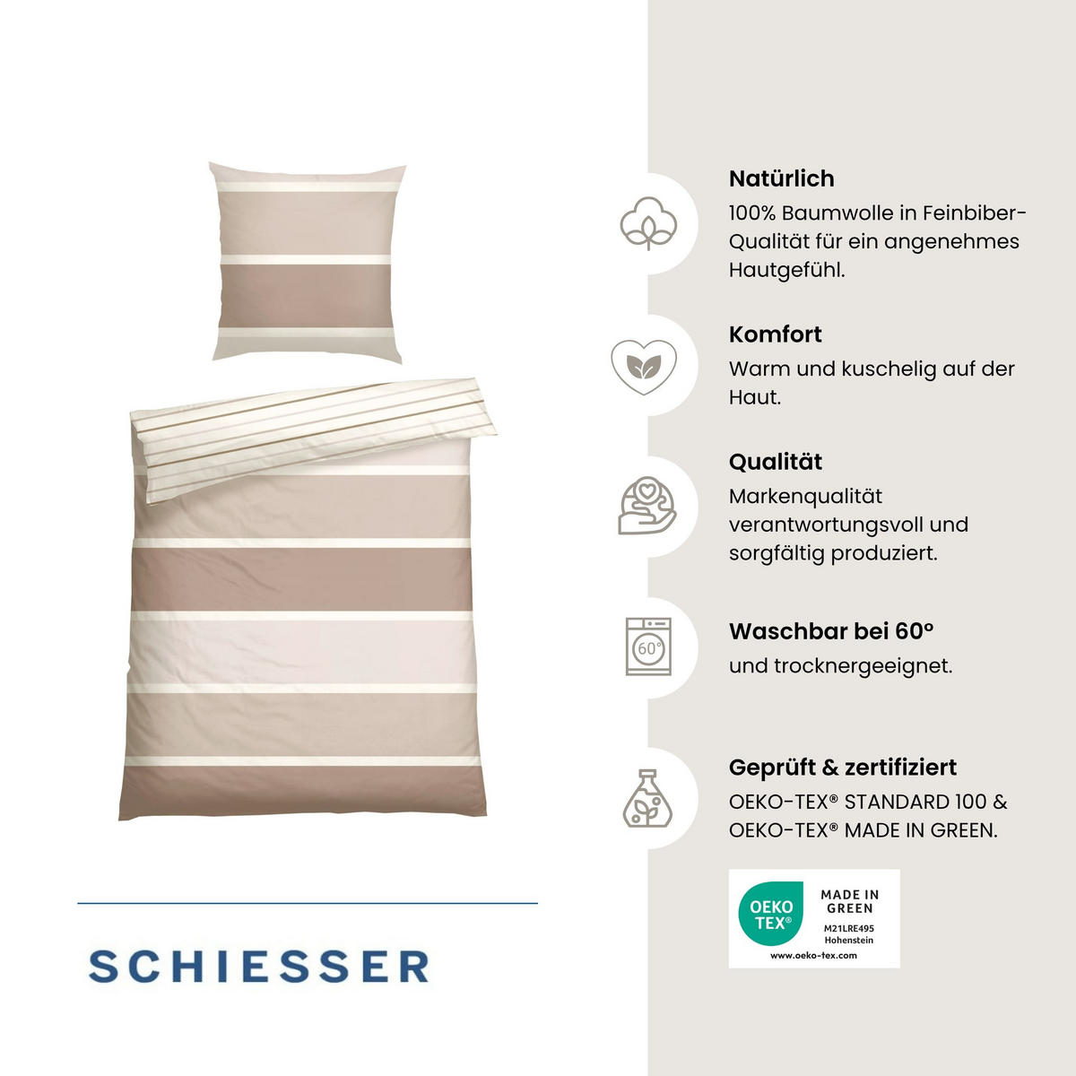 BETTWÄSCHESET Brody - Feinbiber - 2-teilig - 135x200 cm - Taupe - Taupe, Textil (135/200cm) - SCHIESSER