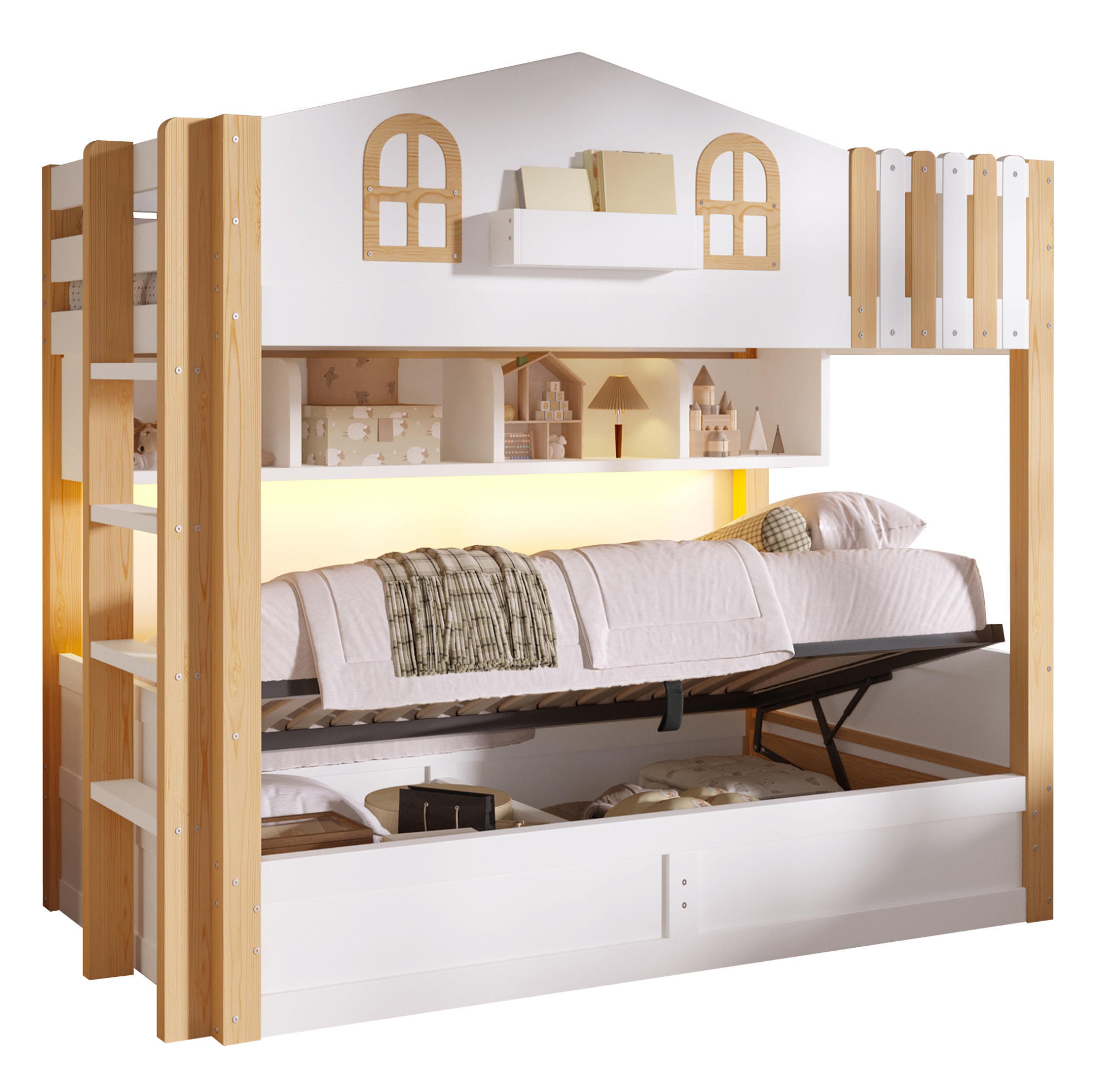 ETAGENBETT 90/200 cm aus Kiefer und MDF mit LED, Weiß/Natur - Eichefarben, Holzwerkstoff (90/200cm) - OKMYHOME