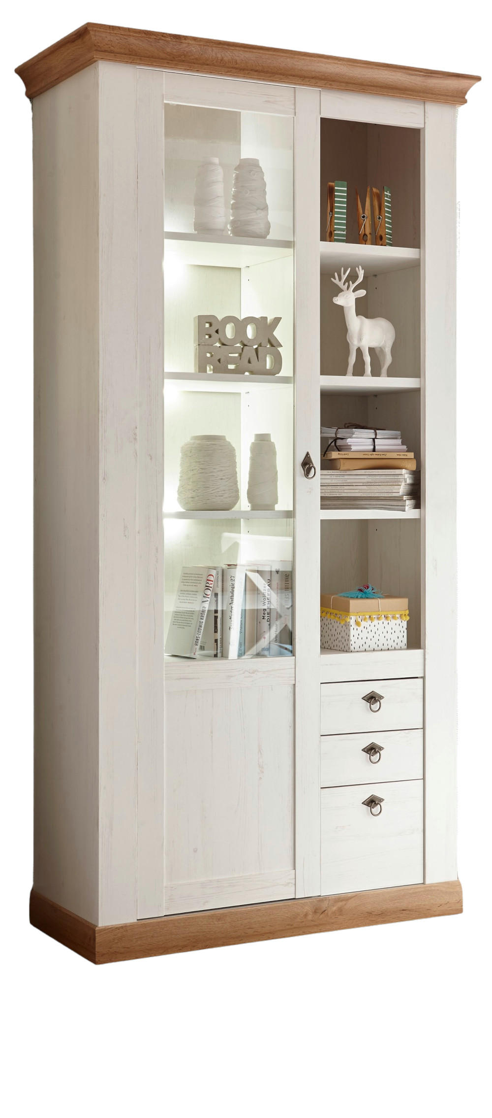 VITRINE weiß Pinie, Eiche Wotan 102 x 200 cm, Vitrinenschrank mit 10 Fächern - Silberfarben/Eiche Wotan, Glas/Holzwerkstoff (102/204/44cm) - Furn.Design