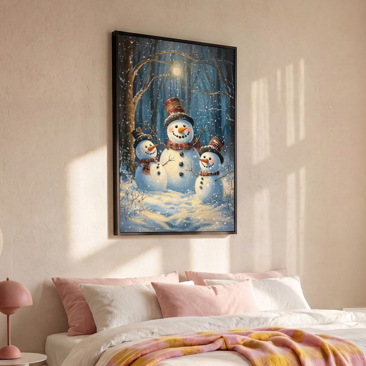 LEINWAND Bilder mit Rahmen - Schneemann - Schnee - Winter - Wald - 80x120 - Hellblau, Textil (80/120cm) - MuchoWow