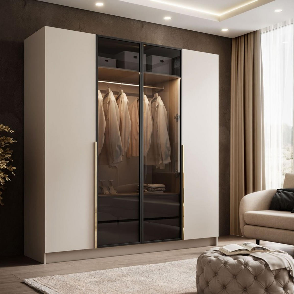 KLEIDERSCHRANK ATRIUM mit Glasfront - Kaschmir, Holzwerkstoff (200/210/57cm) - Lookway