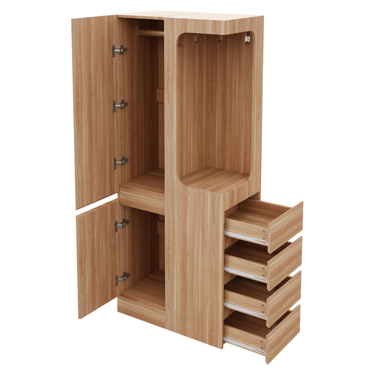 KLEIDERSCHRANK aus Holz 70x40x170 cm Naturholz/Weiß mit Schubladen, offener Hängefläche und 1 Tür - Nussbaumfarben, Holzwerkstoff (70/170/40cm) - Modfu