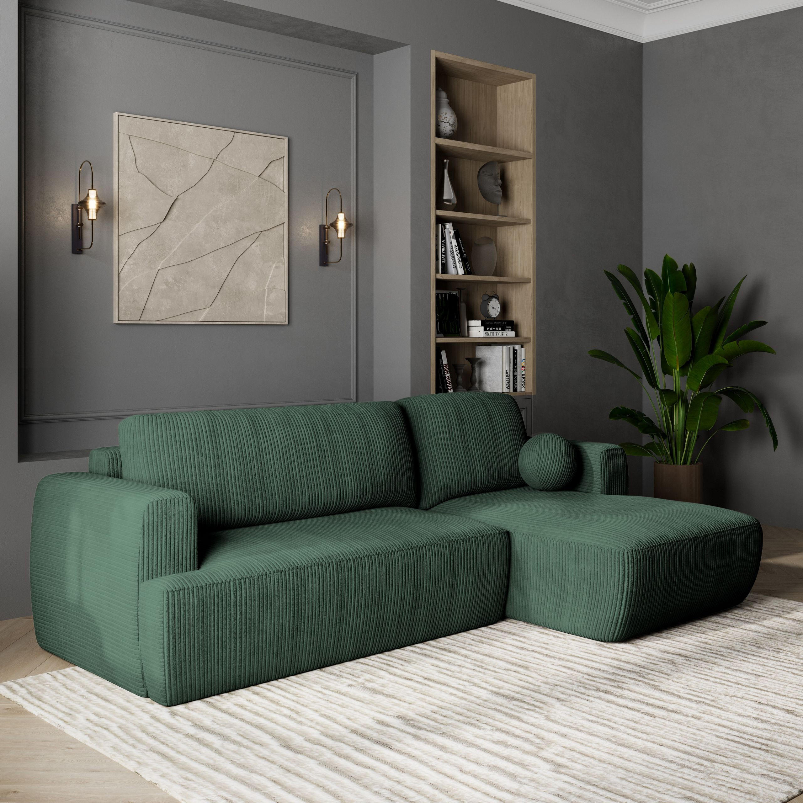 ECKSOFA SENTI P R-S Grün Kordstoff mit Schlaffunktion - Grün, Holz (246/148cm) - MASSENO