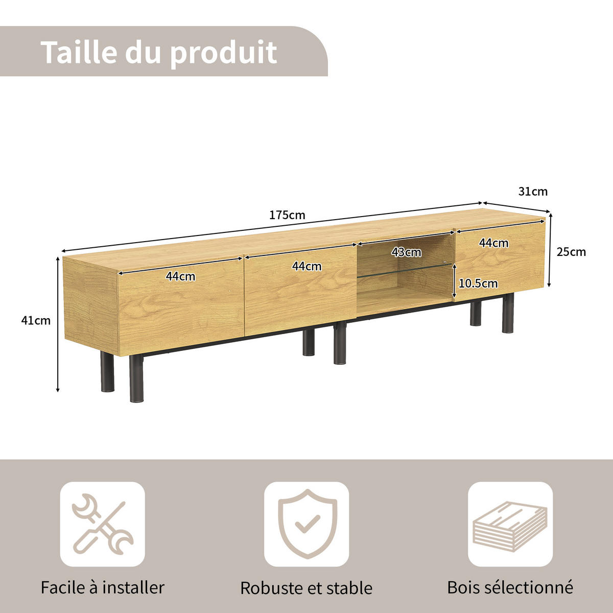 TV Lowboard LED 175 cm, Industriestil, 3 Türen, Holz - Braun, Holz (175/41/31cm)