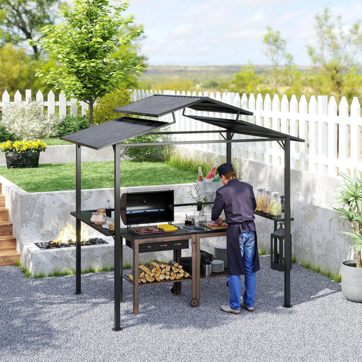GRILLPAVILLON 250 x 160 x 250 cm wasserdicht Gartenpavillon mit Doppelschichtdach, Seitenregalen Schwarz - Schwarz, Metall (250/250/160cm)