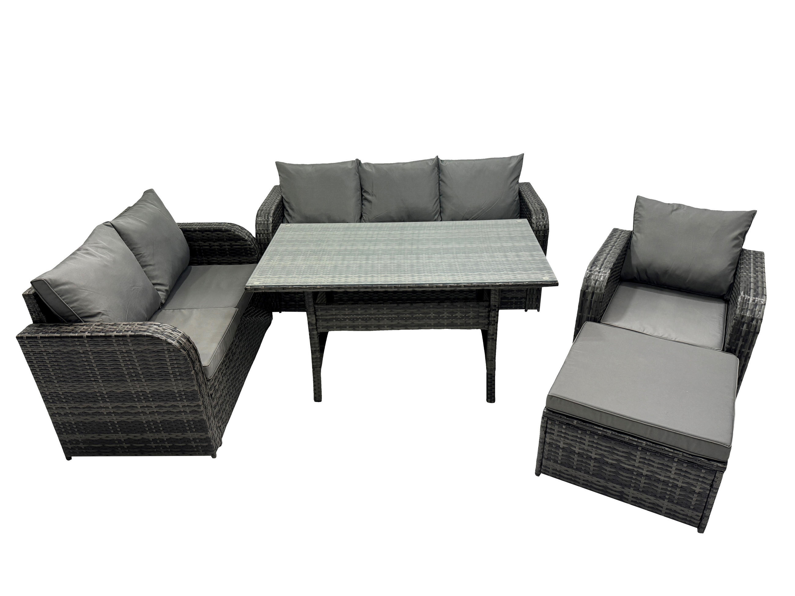 Gartenmöbelset mit 3-Sitzer Sofa,Esstisch,Polyrattan Dunkelgrau 7-Sitzer - Dunkelgrau/Grau, Glas/Kunststoff - Fimous