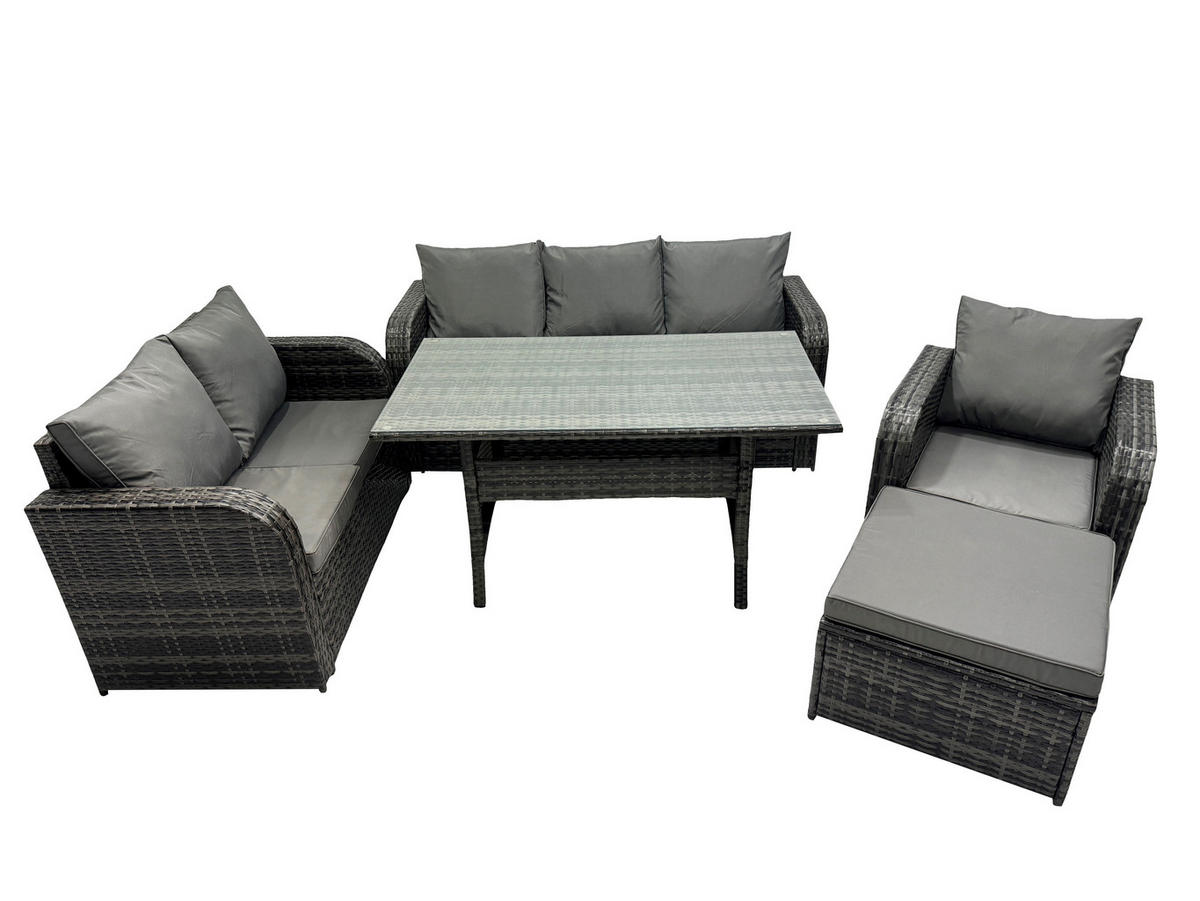 Gartenmöbelset mit 3-Sitzer Sofa,Esstisch,Polyrattan Dunkelgrau 7-Sitzer - Dunkelgrau/Grau, Glas/Kunststoff - Fimous