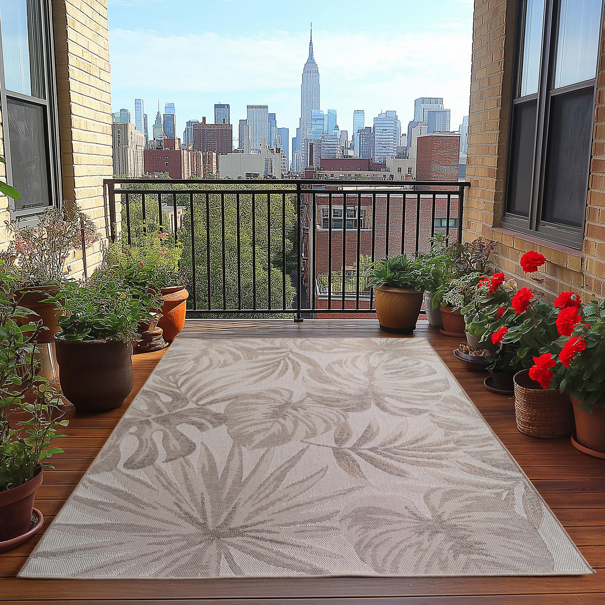 TEPPICH Outdoor Flachgewebe Tropenmuster Polypropylen Terrasse Beige Rechteckig 280x370 - Beige, Textil (280/370cm) - KADIMA DESIGN