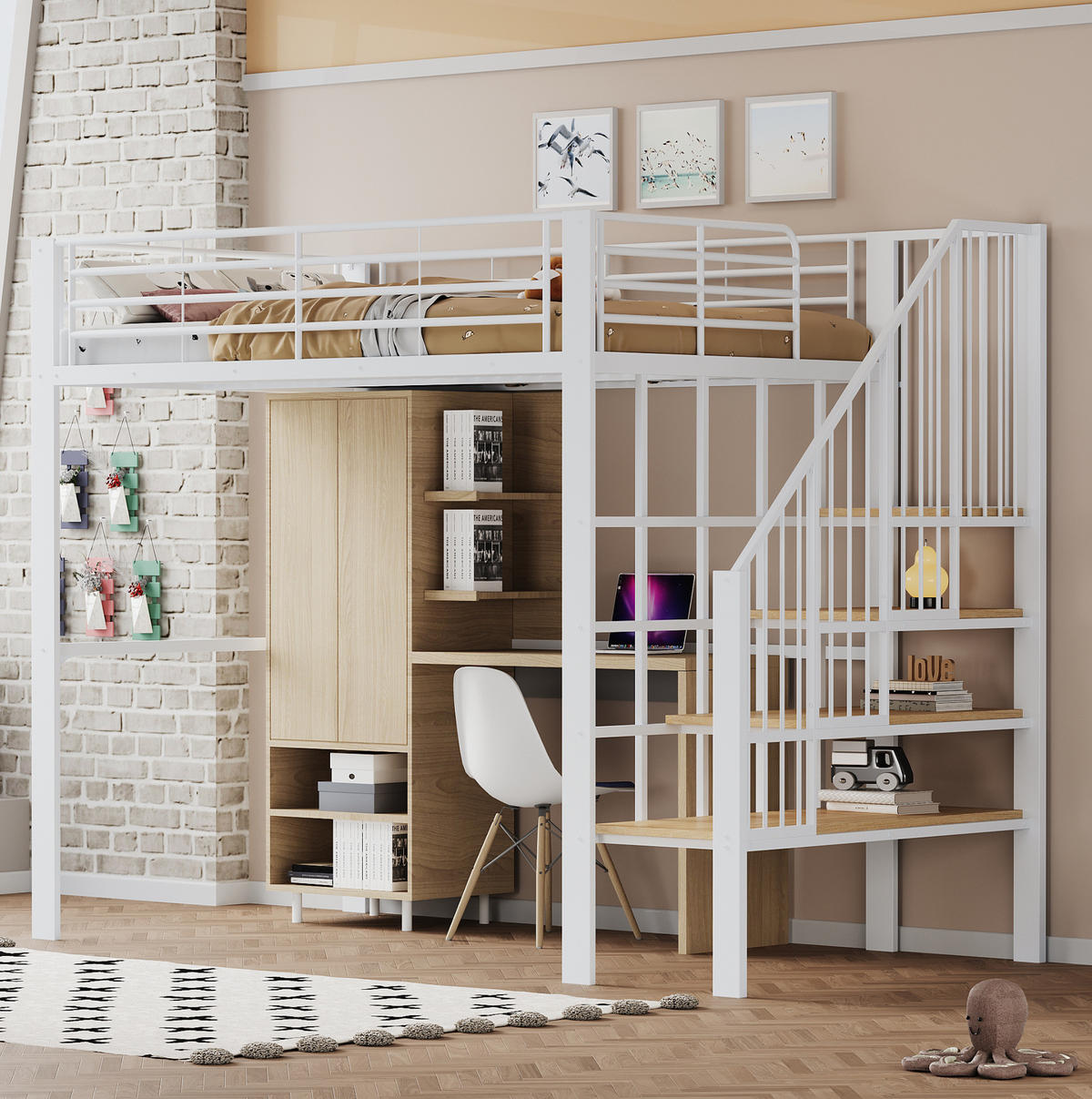 HOCHBETT 140/200 cm in Weiß – mit Treppe und Stauraum unter dem Bett - Weiß, Metall (140/200cm) - BEAOK