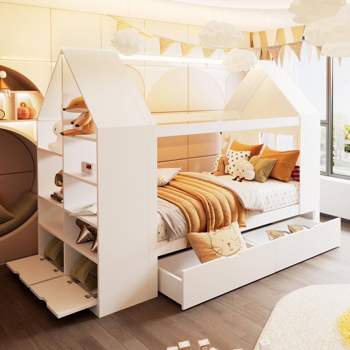 KINDERBETT 90x200 Hausdesign LED Schubladen Weiß - Weiß, Holz (90/200cm) - FLIEKS