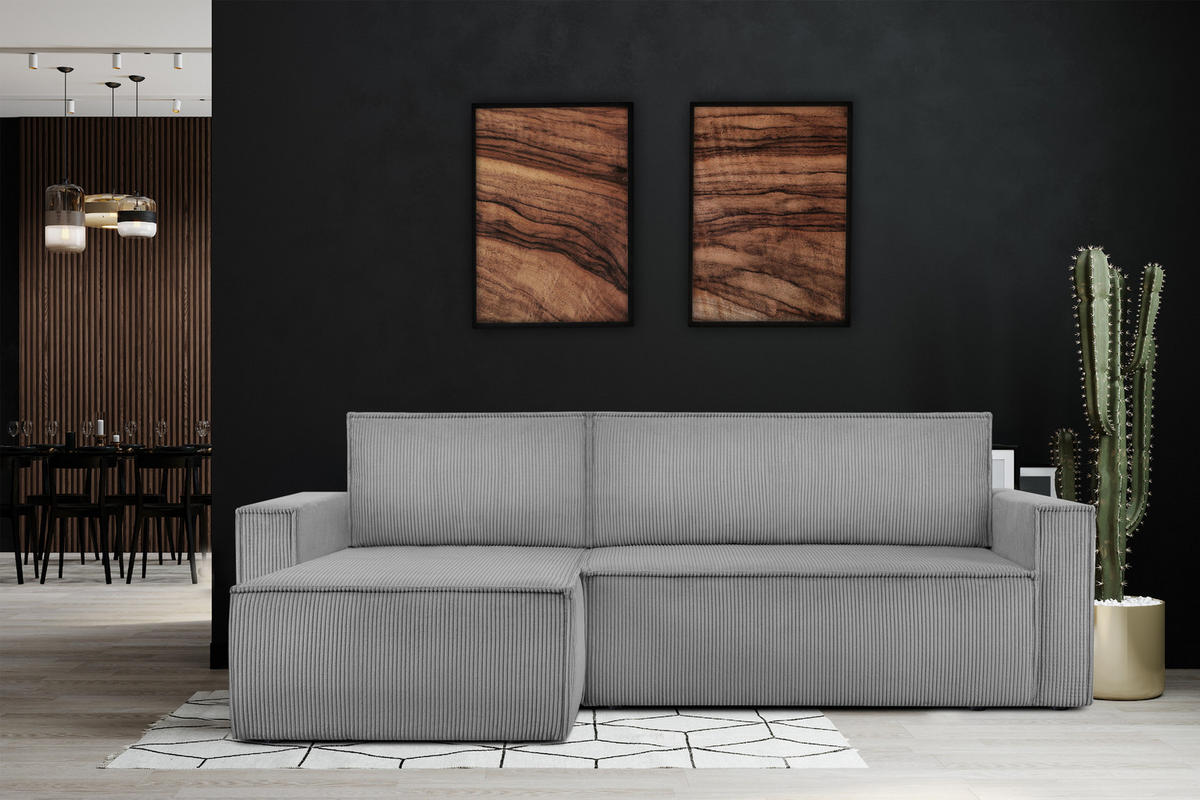 ECKSOFA-LINKS/RECHTS NAPI Schlaffunktion mit Cordbezug, hellgrau - Hellgrau/Schwarz, Textil (246/148cm) - KONSIMO®