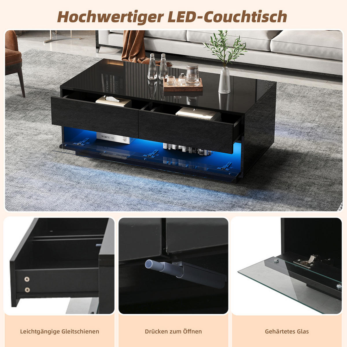 COUCHTISCH 100x50cm Schwarz Hochglanz Bluetooth LED 2 Schubladen Glas - Schwarz, Holz (111.51/58.04/16.51cm) - FLIEKS