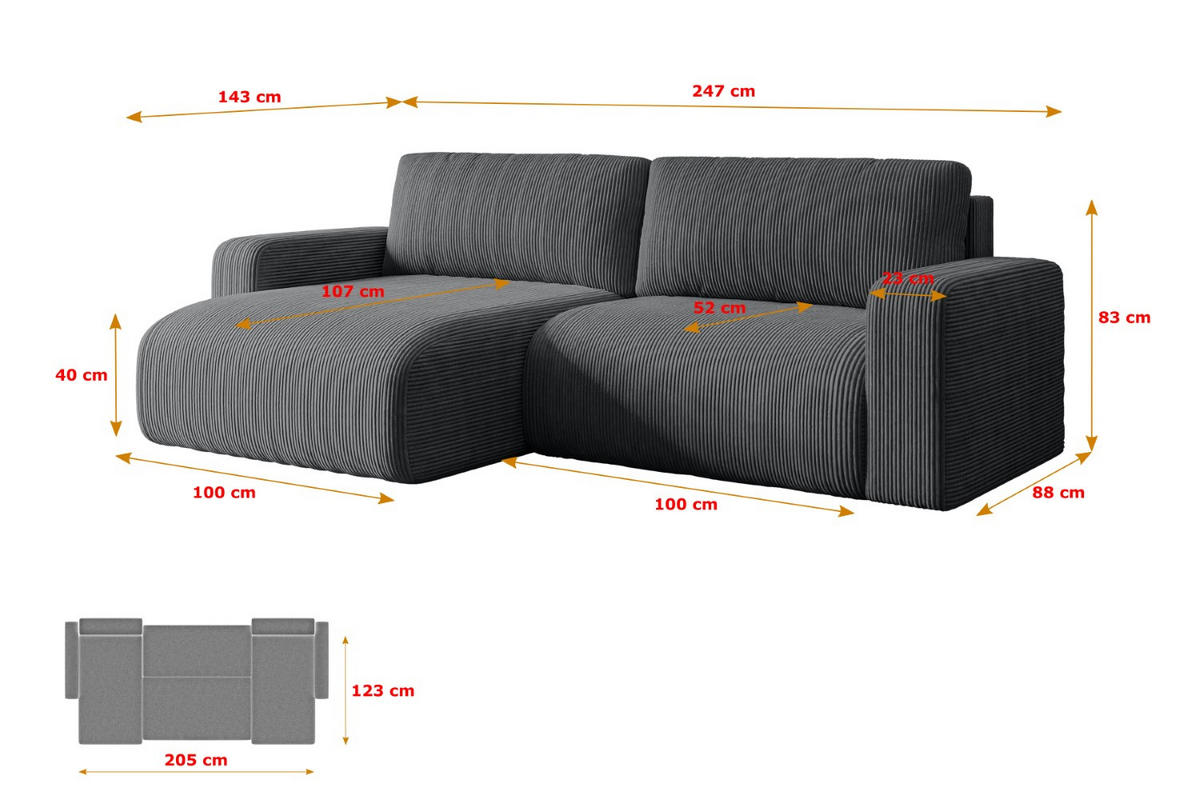 ECKSOFA mit Schlaffunktion und Bettkasten KLEEA-L - 247x143x83 cm Dunkelgrau Cord - Dunkelgrau/Schwarz, Holzwerkstoff/Kunststoff (247/143cm) - ALTDECOR