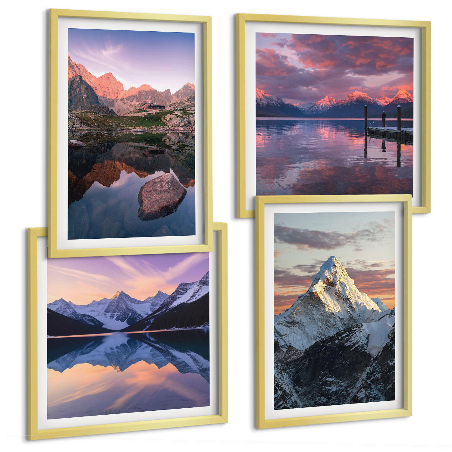 BILDER SET 4er Set - 50x50 cm & 40x60 cm Goldrahmen - Berglandschaften im Hintergrund - Goldfarben, Kunststoff (50/50cm) - TULUP
