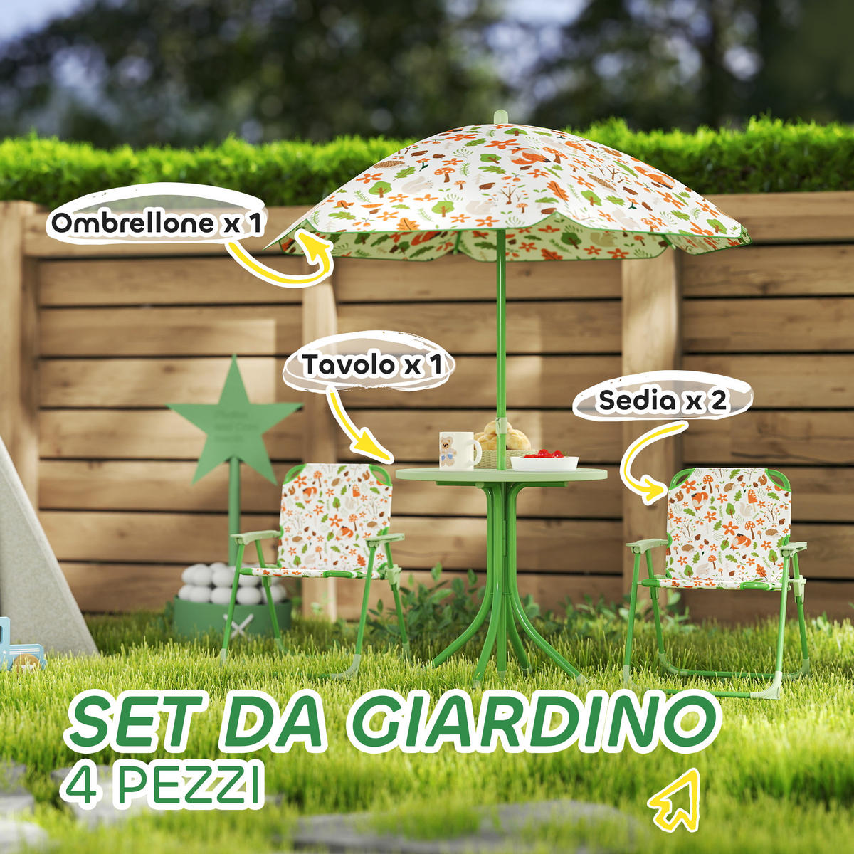 GARTEN-SET, Kinder-Set für 2–5 Jahre mit Tisch und Stühlen, Grün - Multicolor, Holzwerkstoff - FORIOUS
