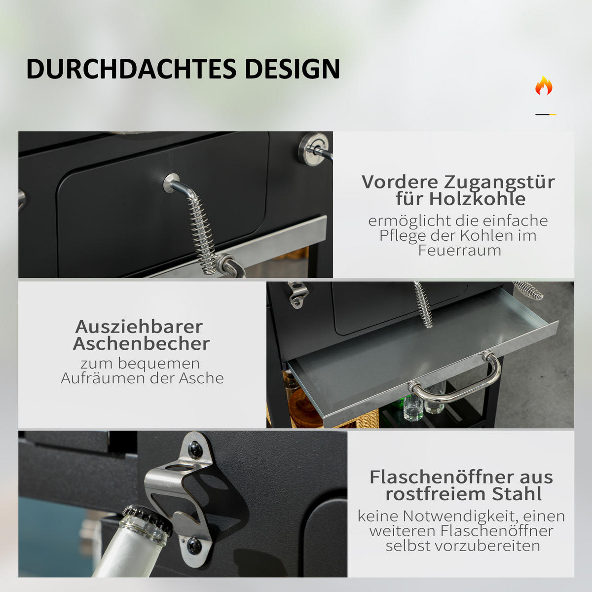 HOLZKOHLEGRILL - Schwarz, Metall (64/114/120cm) - Outsunny