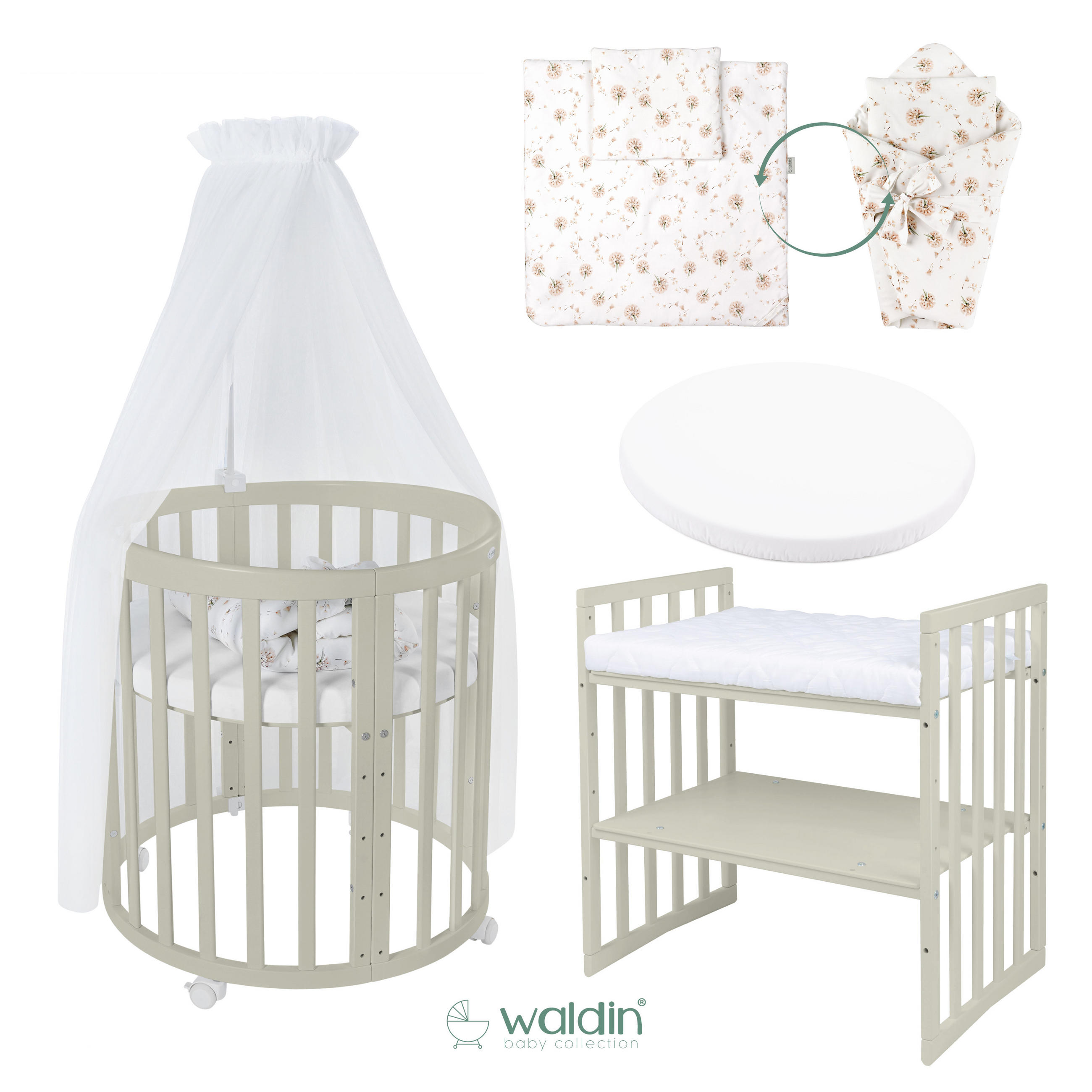 BABYBETT OLIVE OVAL 7in1 mit Matratze und Himmelset - Olivgrün/Weiß, Holz/Textil