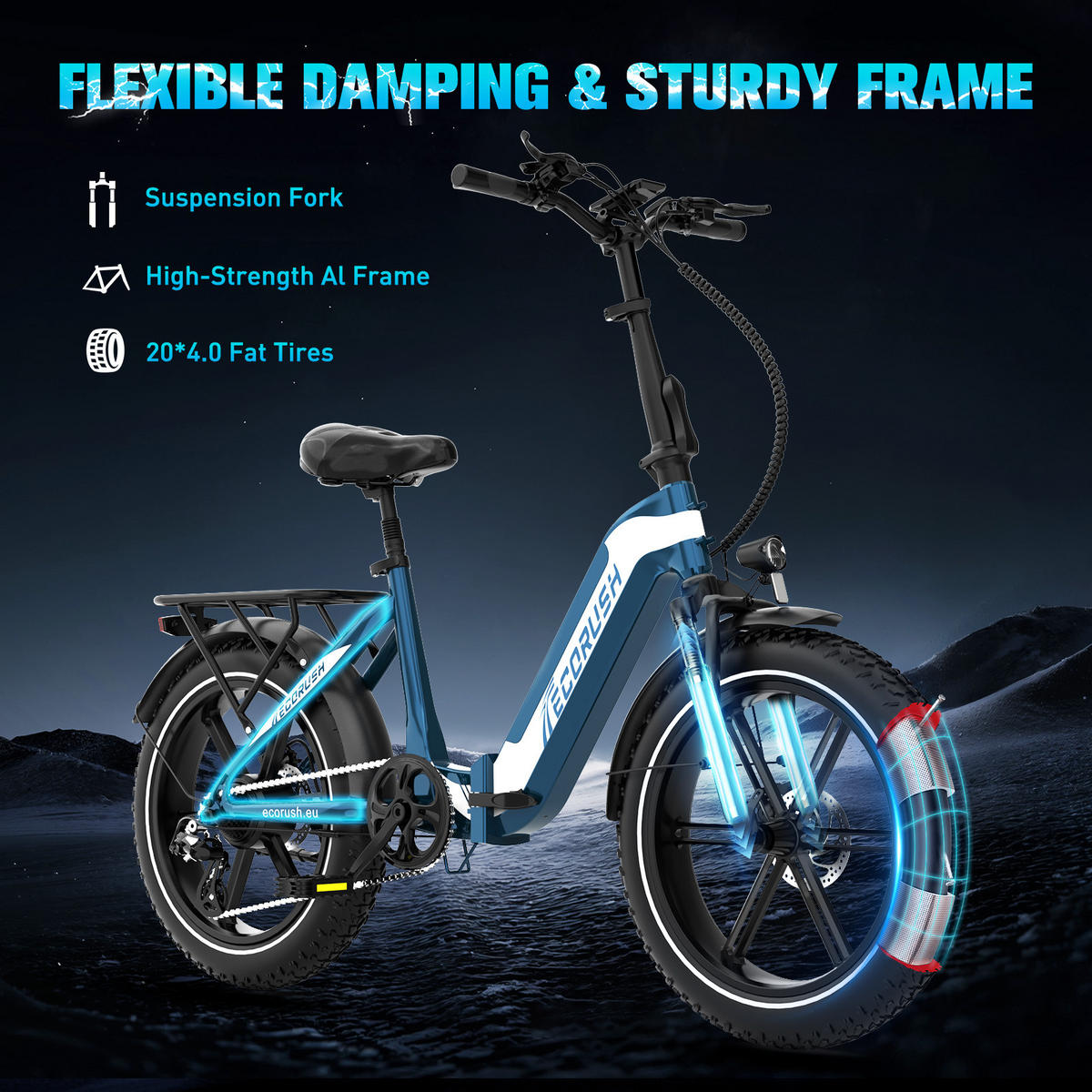 E-BIKE Klapprad R2 20×4.0", 499,2 Wh, 7-Gang, Aluminiumrahmen - Schwarz, Metall (30cm) - ECORUSH