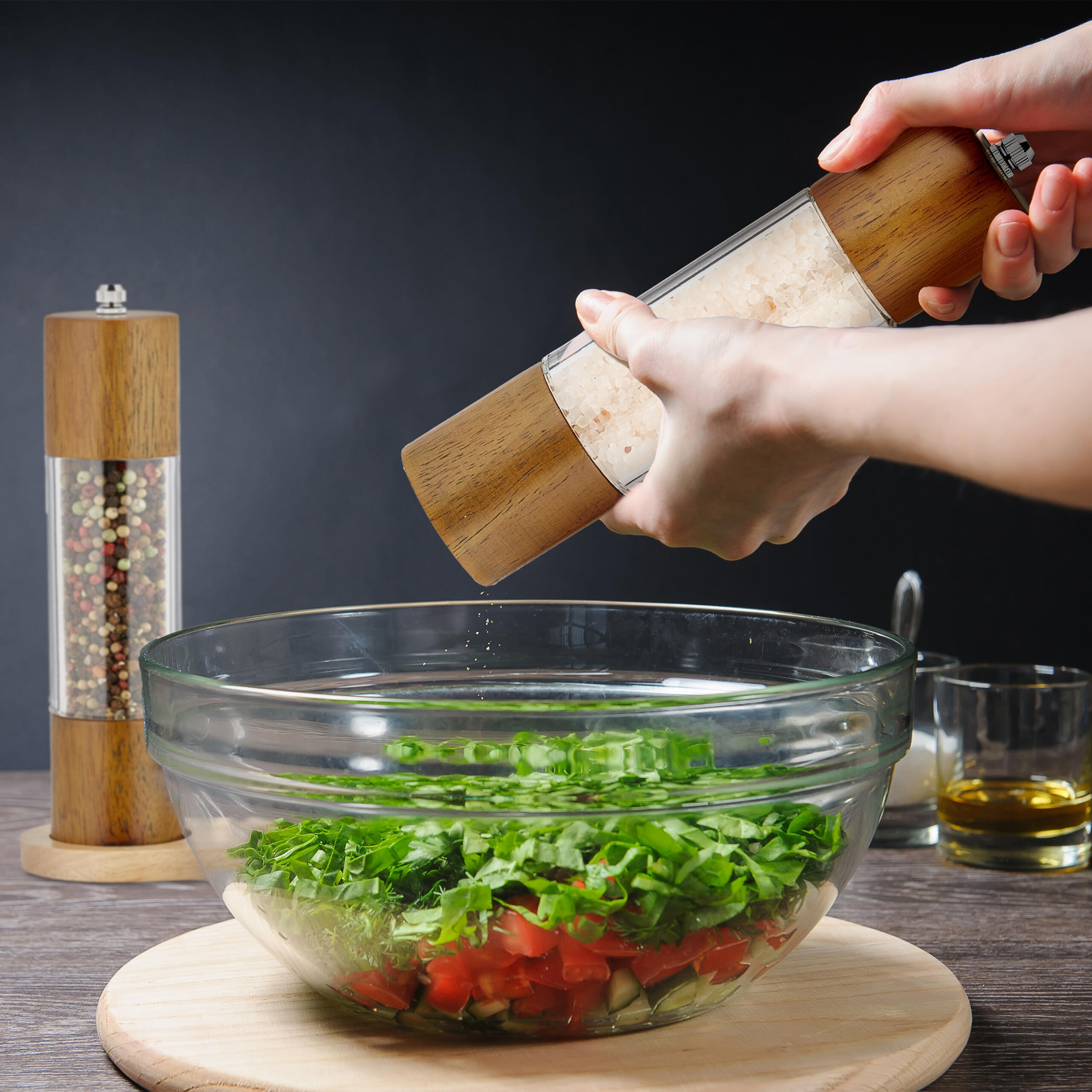 6-tlg.GEWÜRZMÜHLEN-SET - Multicolor, Holz/Keramik (15/22/7cm) - Relaxdays