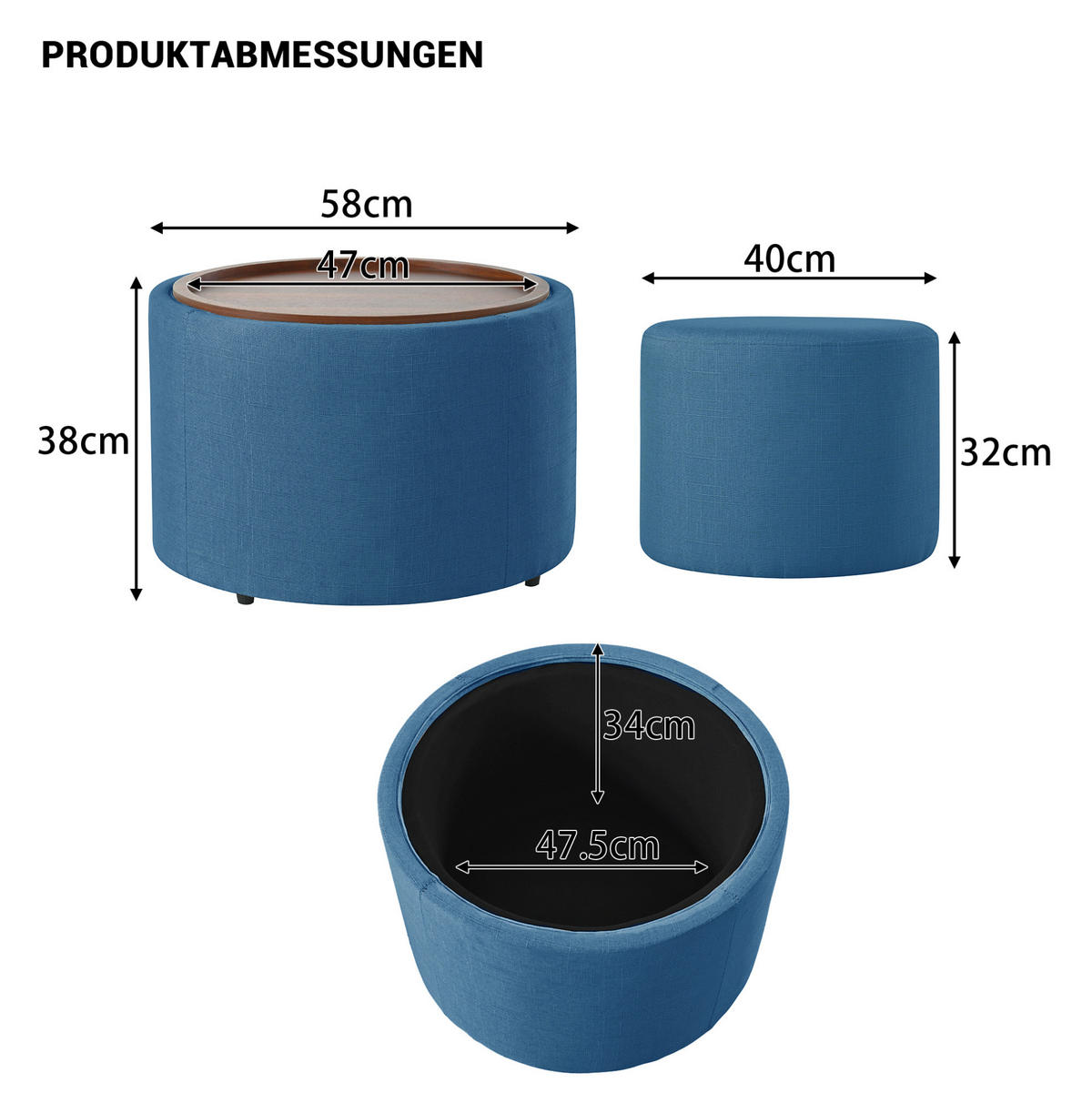 COUCHTISCH 58/58/38 cm mit Stauraum, Holzablage und Nestfunktion, Leinenbezug, Blau - Blau, Textil (58/58/38cm) - Redom