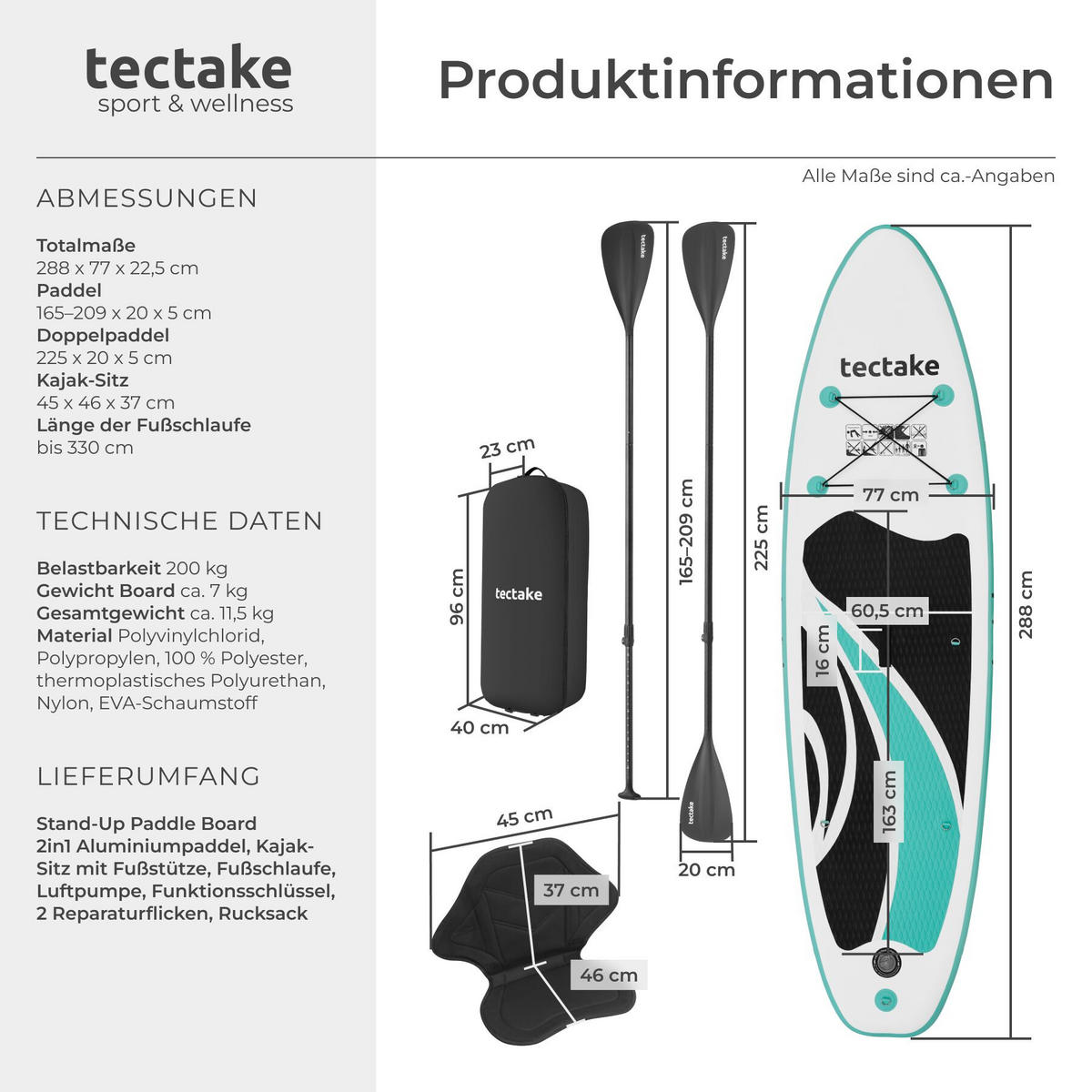 STAND-UP-PADDLE-BOARD 2in1 aufblasbar, Komplettset mit Fußschlaufe, 288 x 77 x 22,5 cm, bis 200 kg belastbar - Weiß, Kunststoff (288/77/0.23cm) - tectake