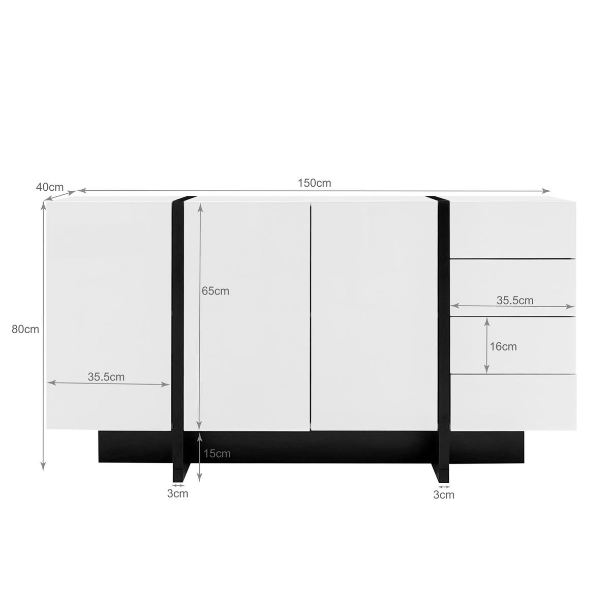 KOMMODE aus MDF & Spanplatte 150x40x80cm in Weiß mit 2 Türen & 4 Schubladen - Weiß, Holzwerkstoff (150/80/40cm) - Modfu