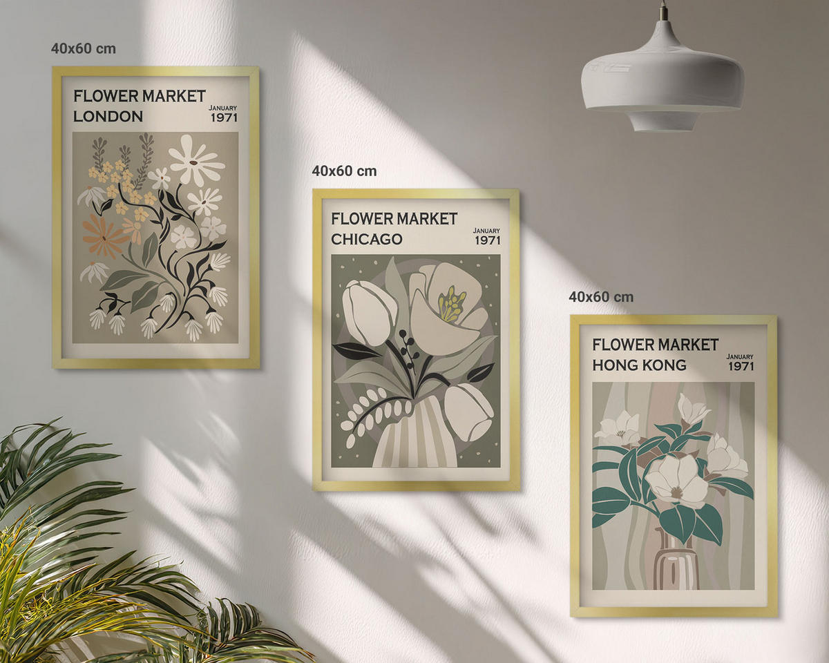 BILDER SET 3er Set - 40x60 cm Goldrahmen - Blumenmessen London Chicago Hongkong - Goldfarben, Kunststoff (40/60cm) - TULUP