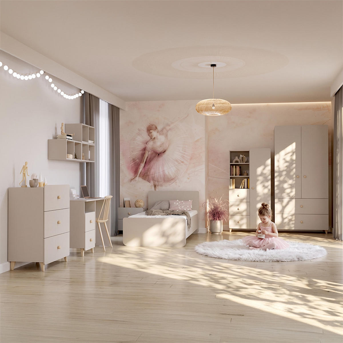 DREHTÜRENSCHRANK MARIO 3D 120 cm Kaschmir/Kaschmir, 3-türig, zwei Schubladen, Holzgriffe - Kaschmir/Eukalyptusholzfarben, Holz/Holzwerkstoff (120/204/50cm) - imoebel24