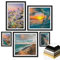 WANDBILDER 5er-Set - 50x50 cm & 20x30 cm & 40x60 cm Schwarzer Rahmen - Meereswellen, weiße Häuser, Santorini - Schwarz, Kunststoff (40/60cm) - ArtPrintCave
