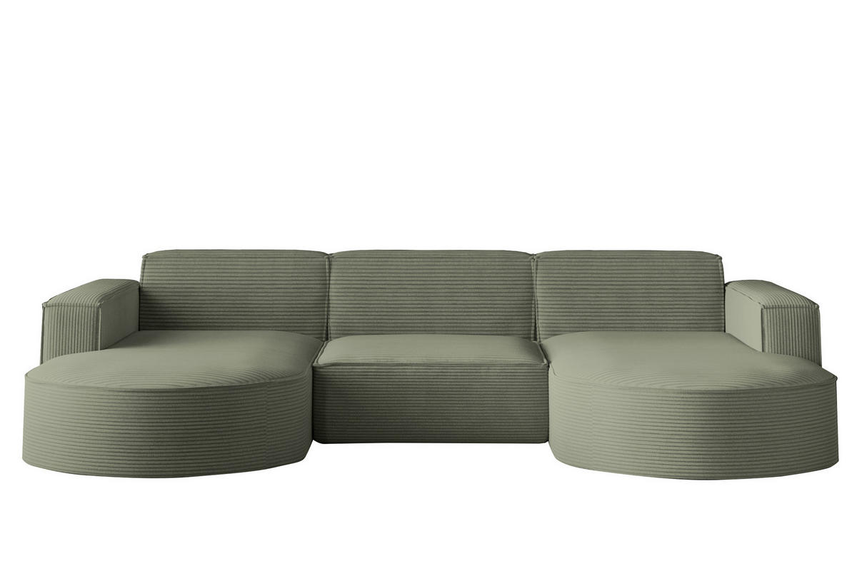 ECKSOFA Designer MODENA U STUDIO Stoff Dicker Cord Hellgrün - Hellgrün, Holz (165/299cm) - Kaiser Möbel
