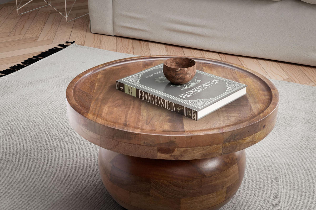 COUCHTISCH rund in Walnussfarbe, Massivholz Mango, 50x50x30,5 cm, niedrig, modern, natürliche Holzmaserung - Braun, Holz (50/50/30cm) - KADIMA DESIGN