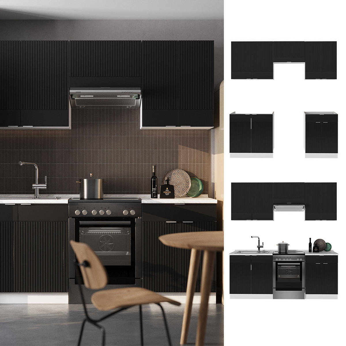 KÜCHENZEILE Fame-Line, Schwarz gestreift/Weiß, 200 cm ohne Arbeitsplatte - Schwarz/Weiß, Holzwerkstoff (200/81.6/46cm) - Vicco